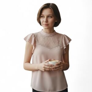 Blush Pink Flutter Cap Sleeve Mock Neck Chiffon Lace Blouse Office Siren   small